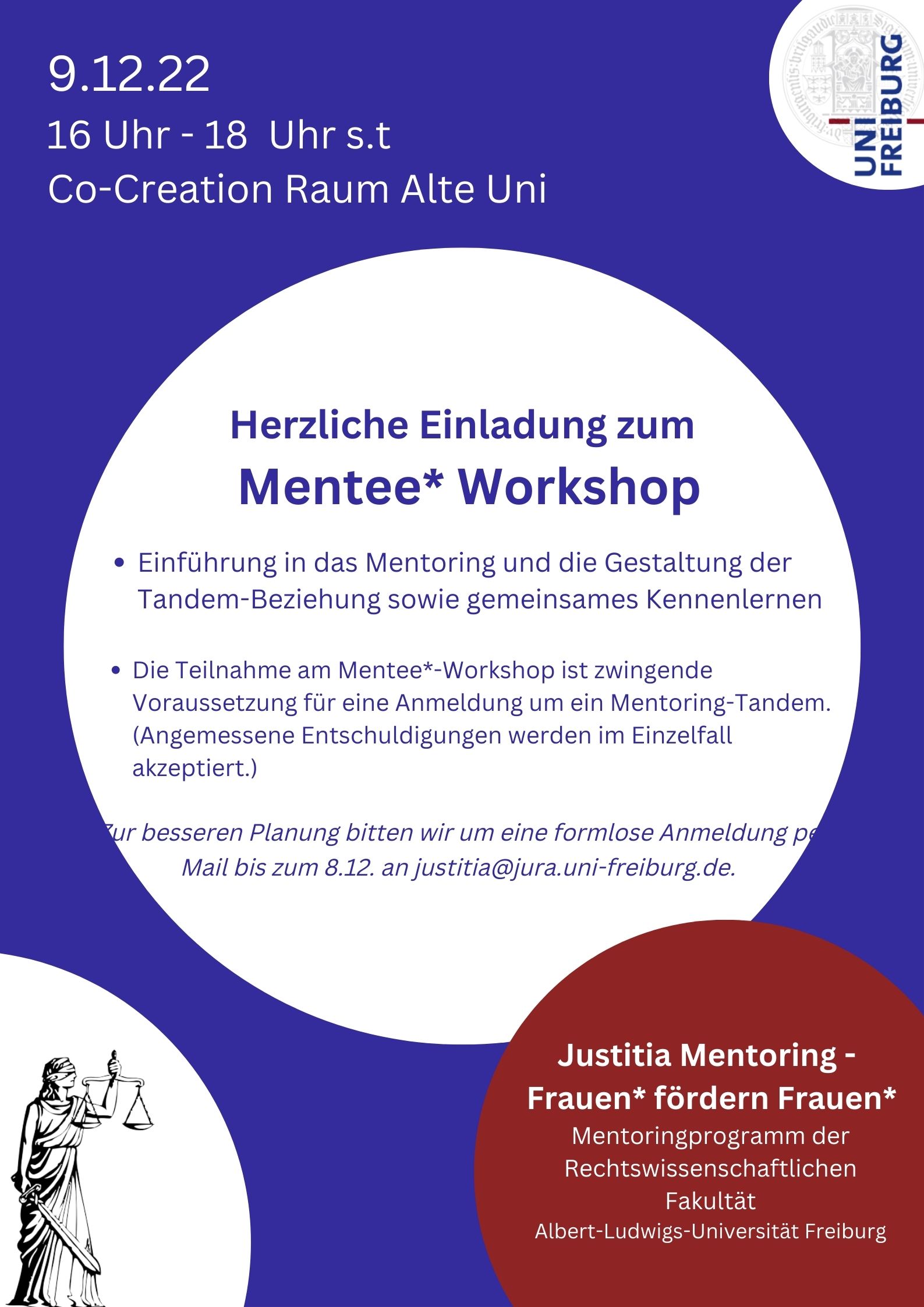 Justitia Mentoring: Herzliche Einladung zum Mentee*workshop!