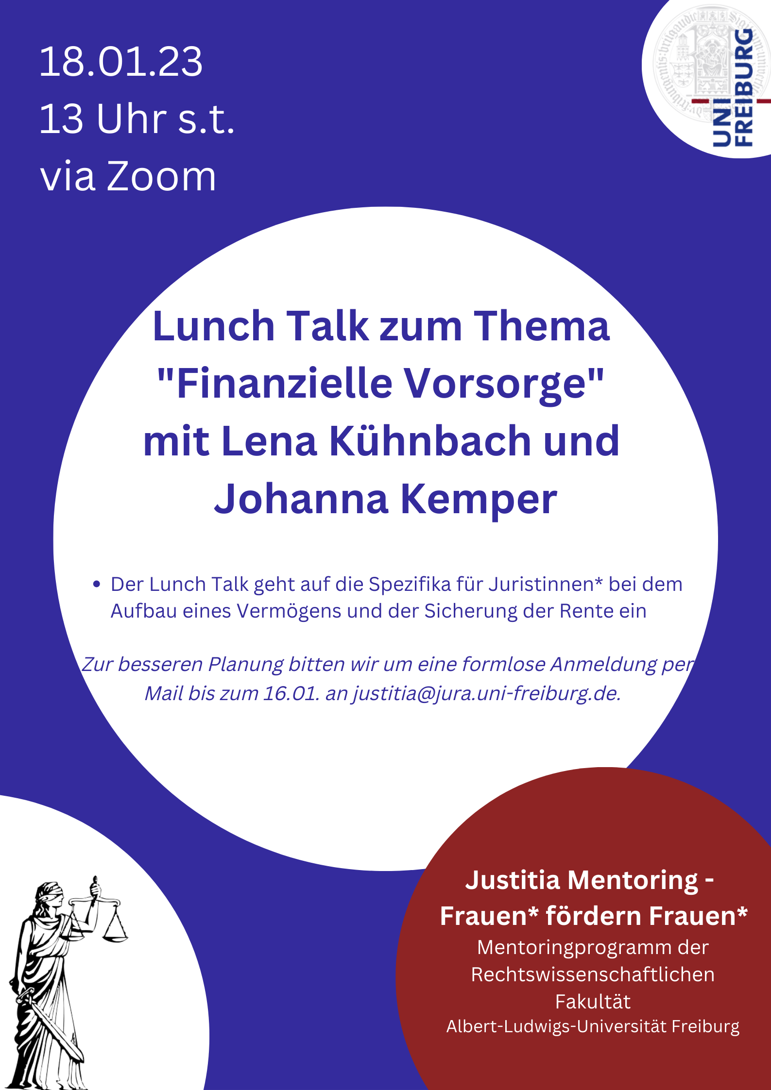 Justitia Mentoring: Lunch Talk zum Thema "Finanzielle Vorsorge" mit Lena Kühnbach und Johanna Kemper