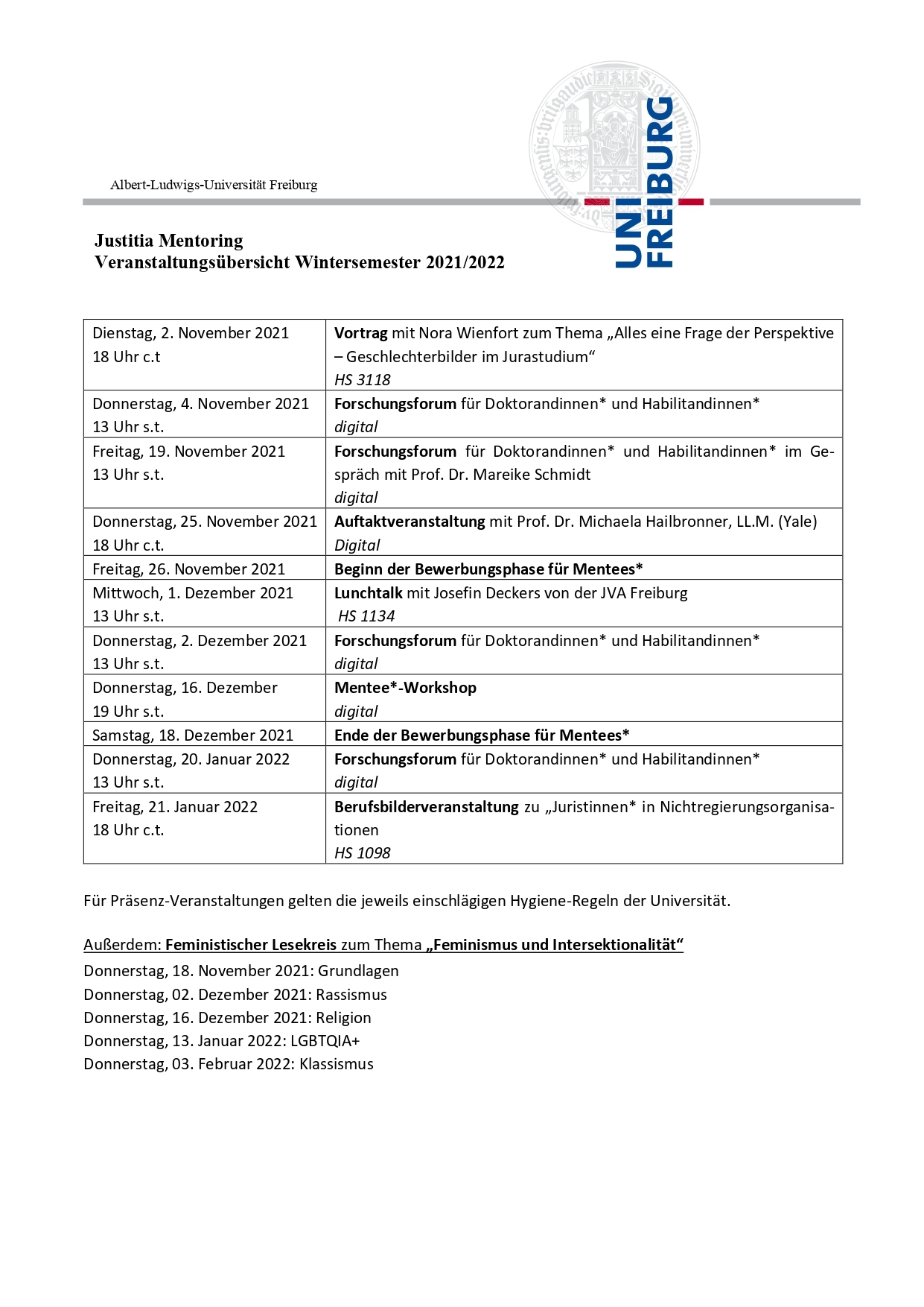 Veranstaltungsübersicht WiSe 21/22 